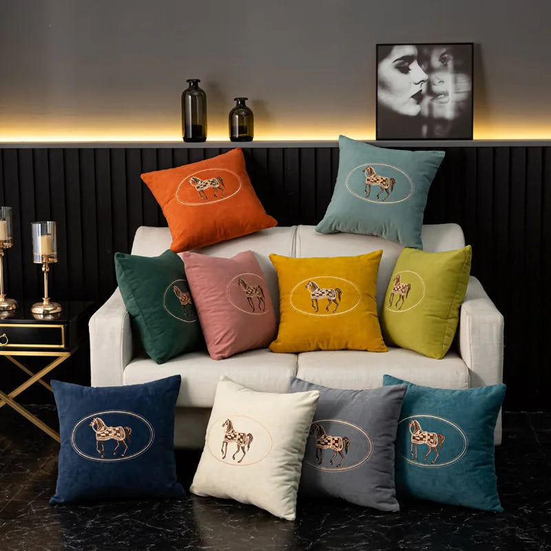 Housse De Coussin Cheval Brodée Turquoise