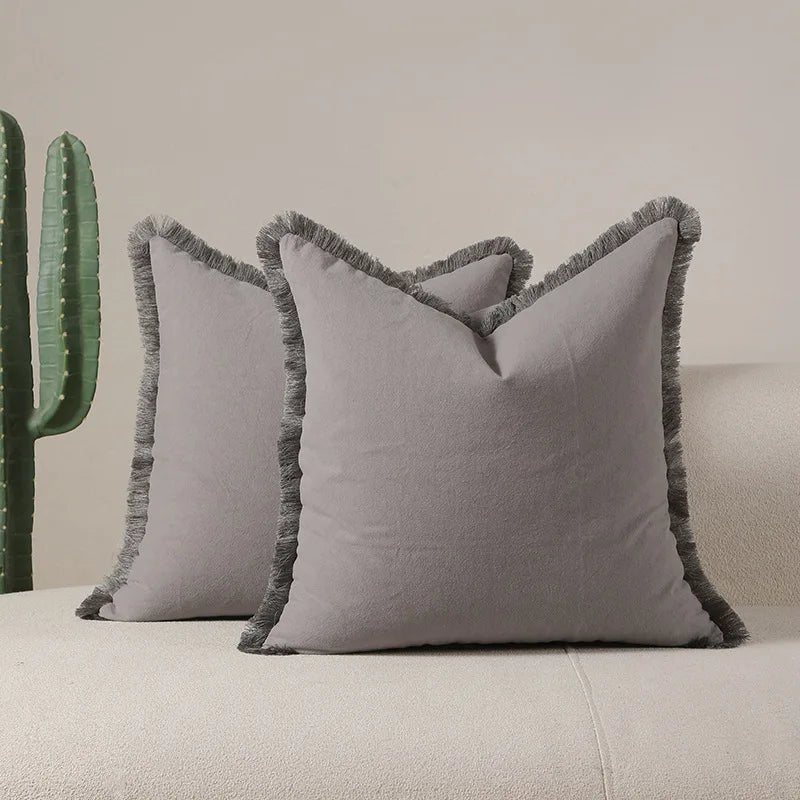 Housse De Coussin à Franges Gris - Maison Coussin