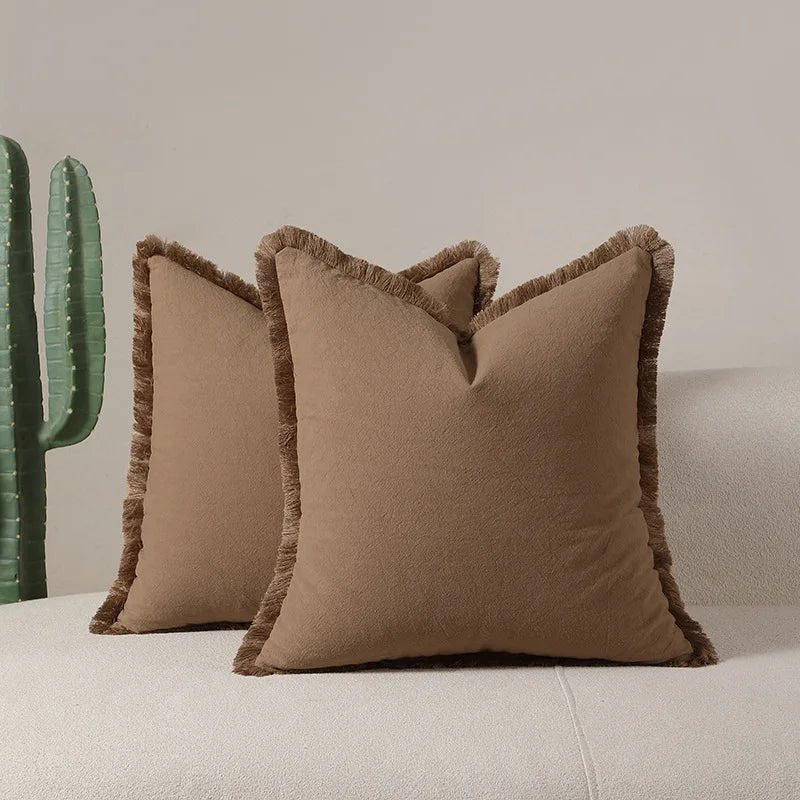 Housse De Coussin à Franges Marron Clair - Maison Coussin