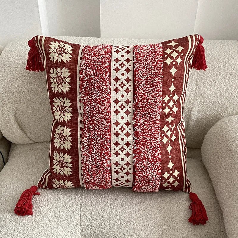 Housse De Coussin Bohème à Franges Étoiles Rouge & Écru - Maison Coussin