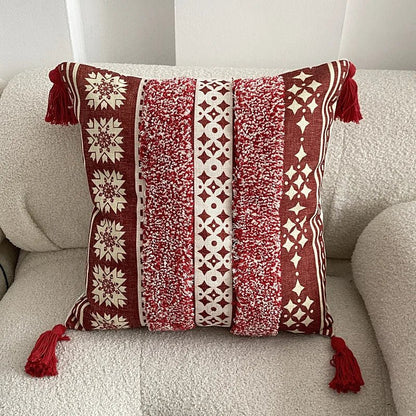 Housse De Coussin Bohème à Franges Étoiles Rouge & Écru - Maison Coussin