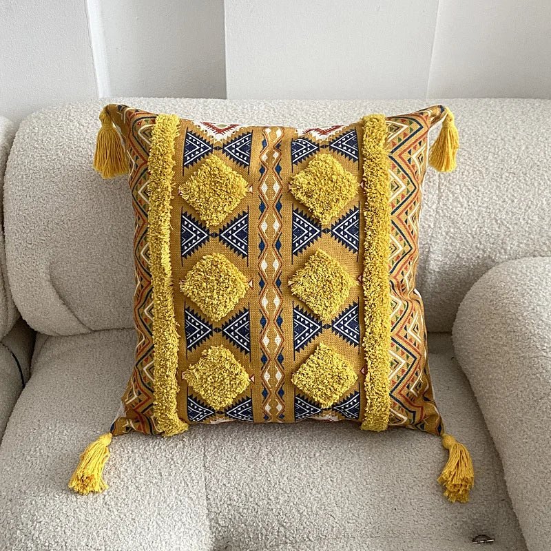 Housse De Coussin Bohème à Franges Jaune Moutarde Tribal - Maison Coussin
