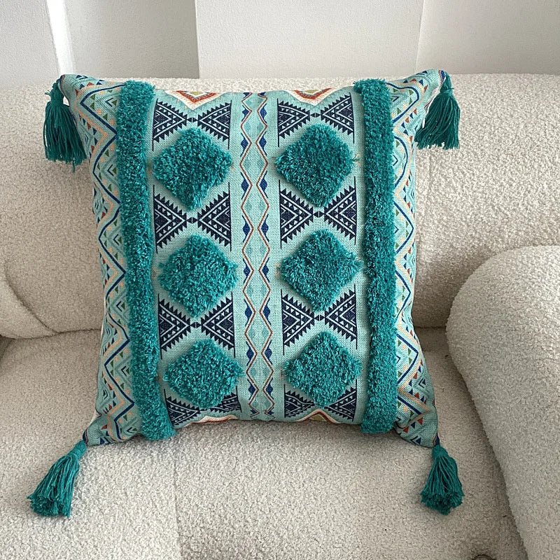 Housse De Coussin Bohème à Franges Turquoise Tribal - Maison Coussin