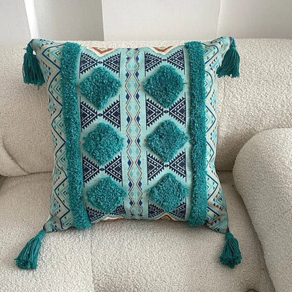 Housse De Coussin Bohème à Franges Turquoise Tribal - Maison Coussin