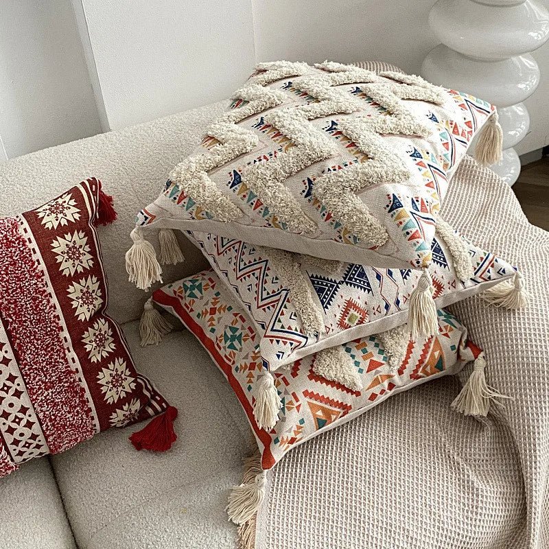 Housse De Coussin Bohème à Franges Turquoise Tribal - Maison Coussin