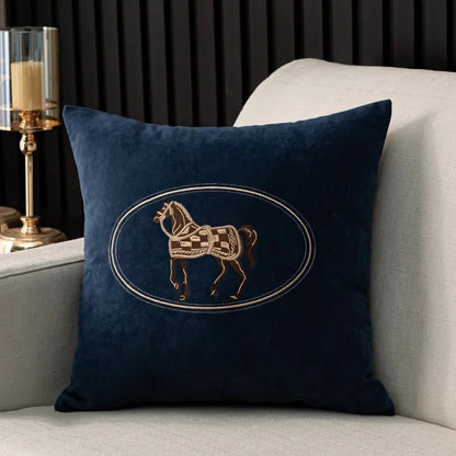 Housse De Coussin Cheval Brodée Bleu - Maison Coussin