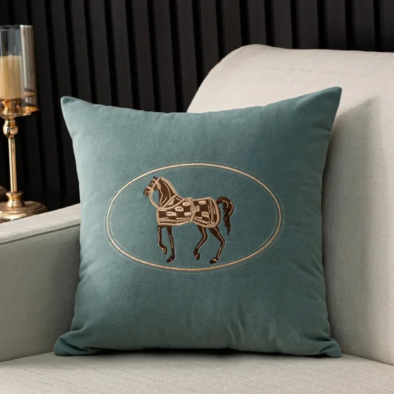 Housse De Coussin Cheval Brodée Bleu Clair - Maison Coussin