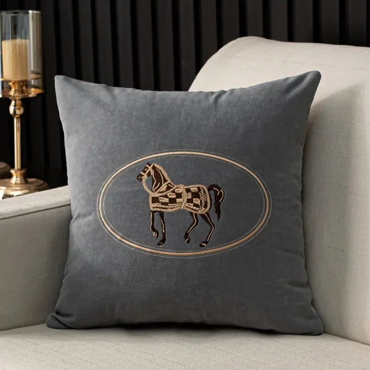 Housse De Coussin Cheval Brodée Gris - Maison Coussin