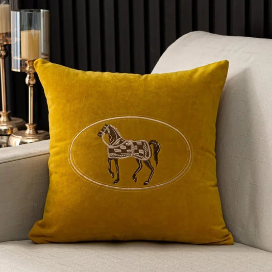 Housse De Coussin Cheval Brodée Jaune - Maison Coussin