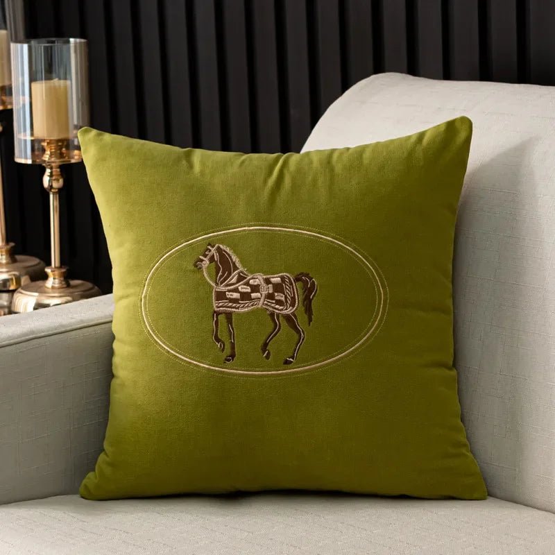 Housse De Coussin Cheval Brodée Vert Clair - Maison Coussin