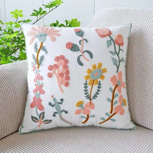 Housse De Coussin Fleuri Broderie Florale - Maison Coussin