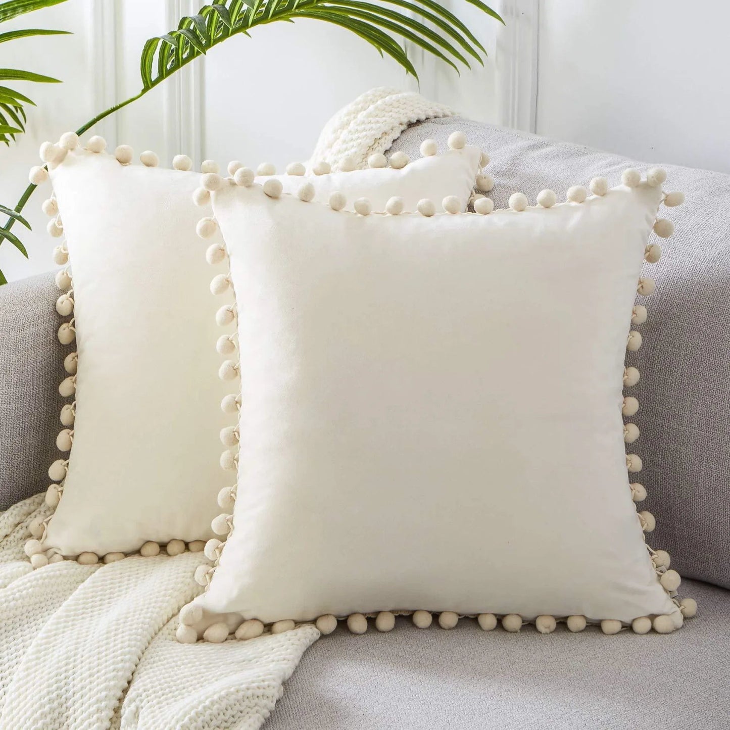 Housse De Coussin Velours Pompons Blanc - Maison Coussin
