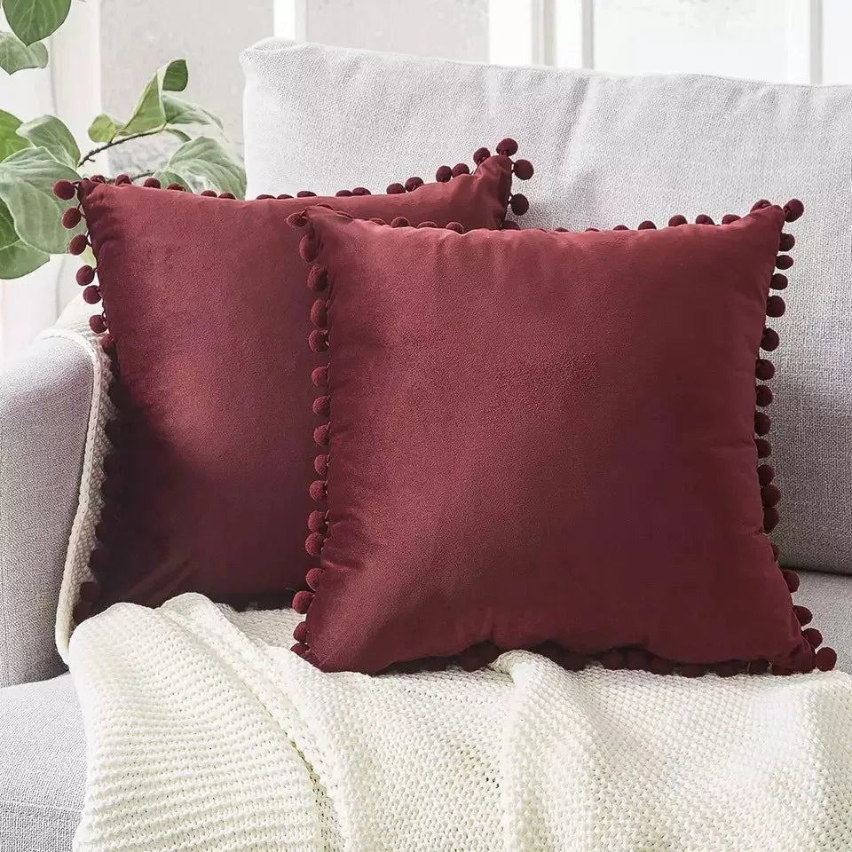 Housse De Coussin Velours Pompons Bordeaux - Maison Coussin