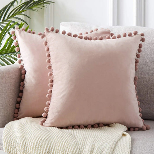 Housse De Coussin Velours Pompons Rose Clair - Maison Coussin